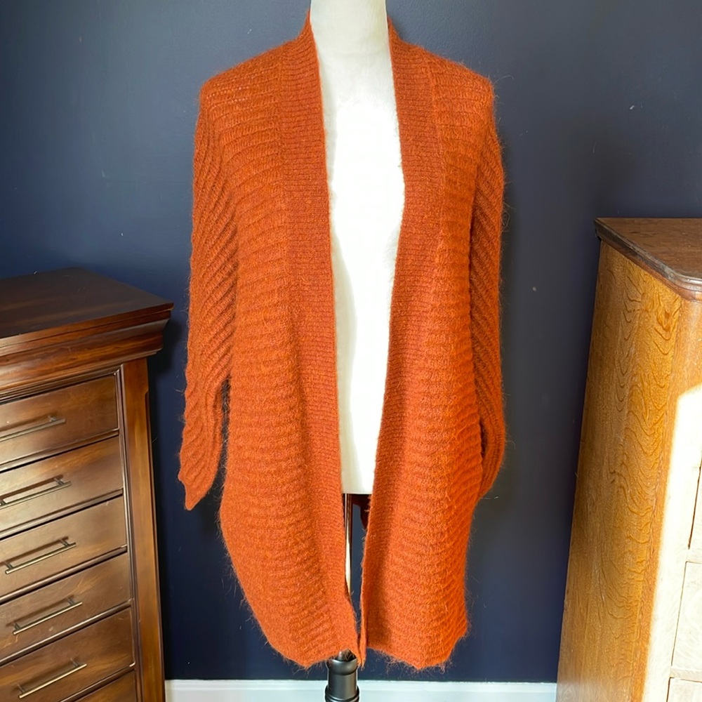 Maje Luxury Oversized Burnt Orange Rust Long Ribbed Cardigan